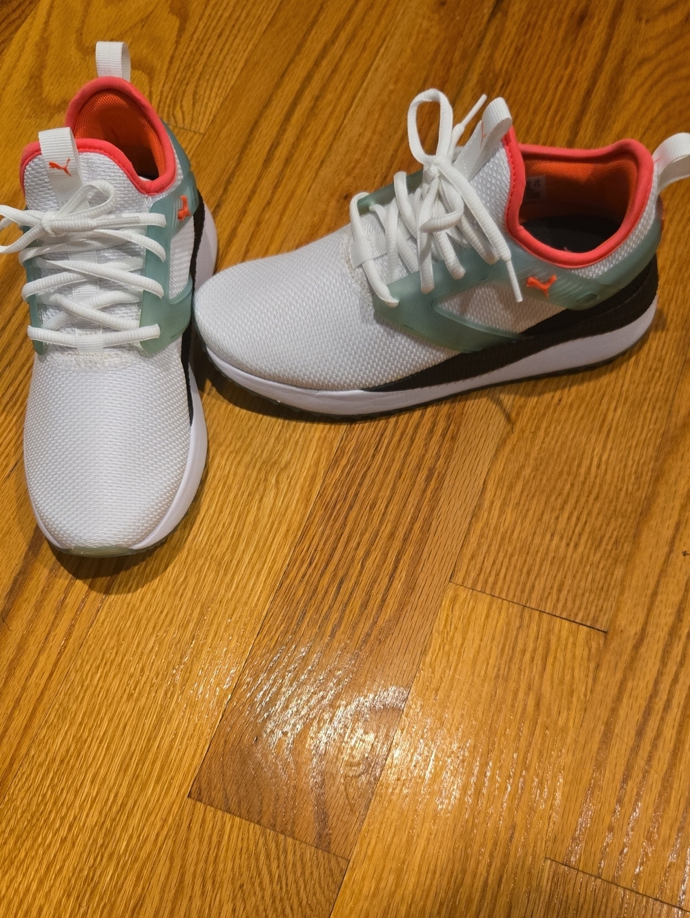 Puma Kids White Mesh Sneakers with Coral and Mint Trim